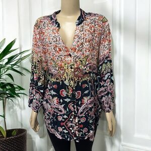 Phool Womens Floral Paisley Print  Pleated Top Size 2X Boho‎ Patchwork Y Neck